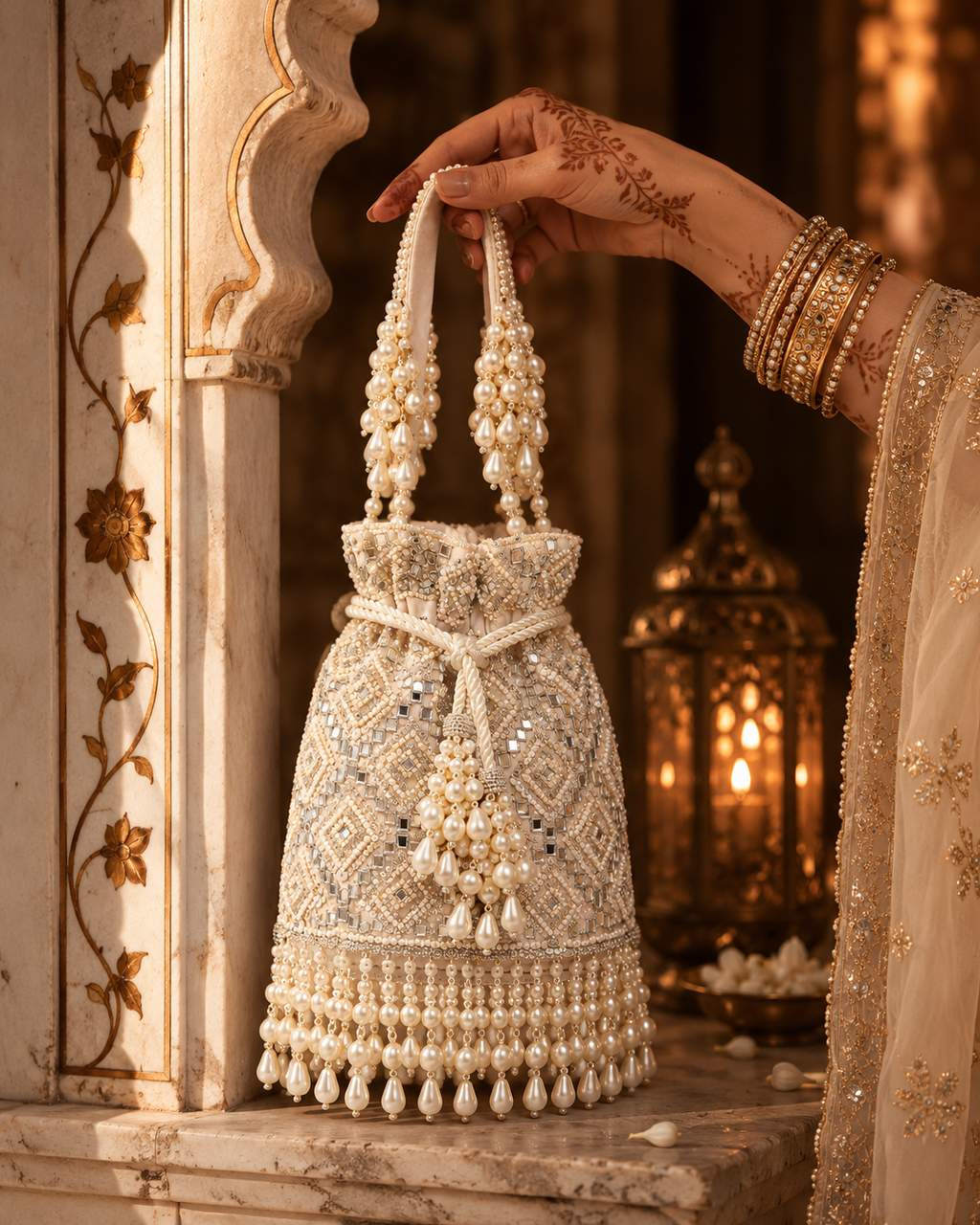 Ivory Mirror Work Pearl Potli