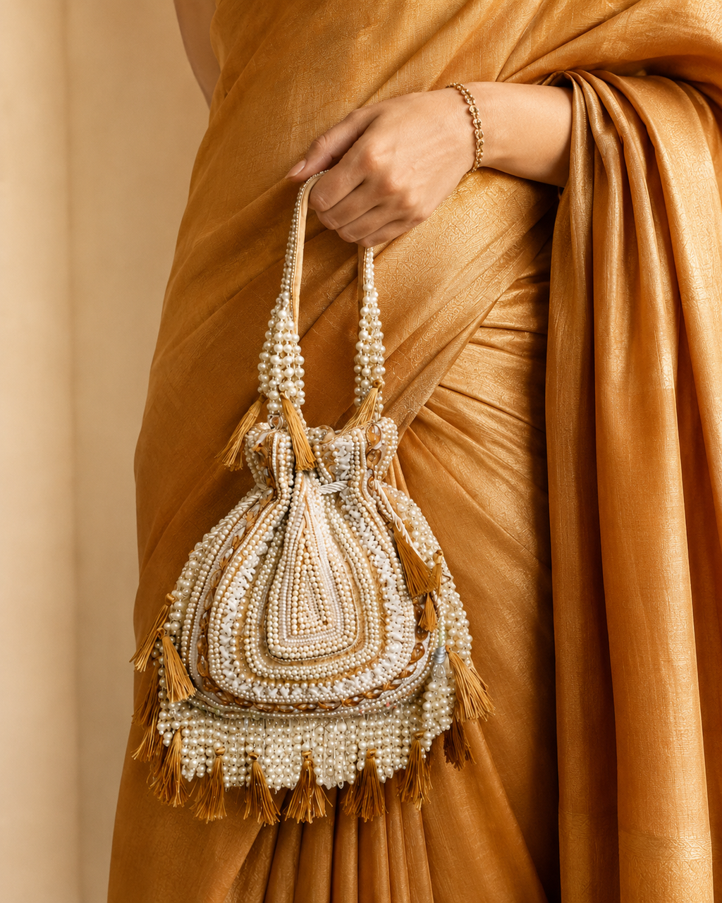 Beige Bloom with Tassels Potli