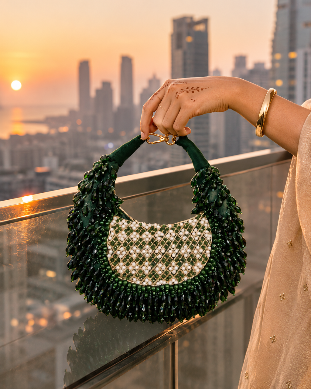 Emerald & White Moon Potli Bag